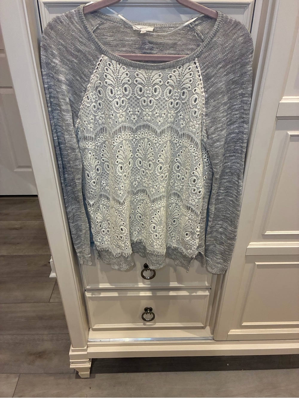 Mystree Gray Knit Sweater with White Lace Front